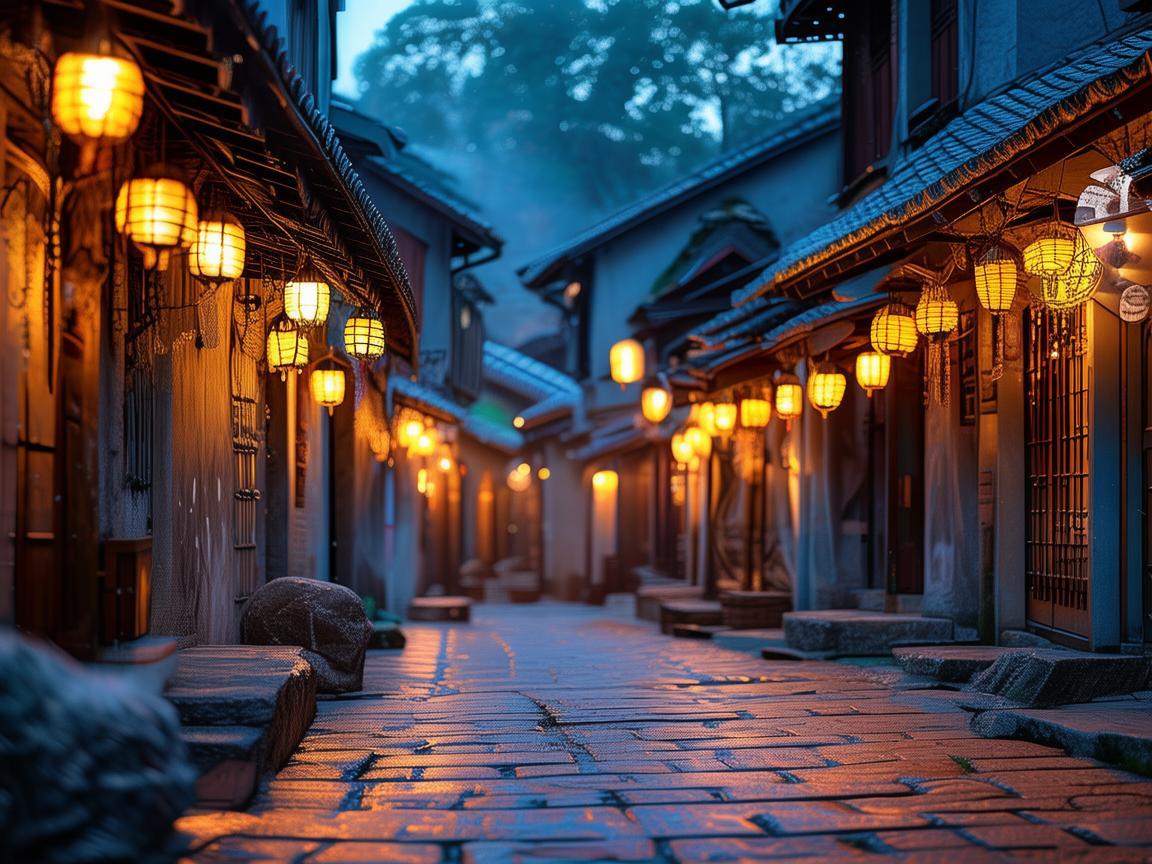 如何通过古镇街的灯光设计，营造出既复古又现代的独特氛围？